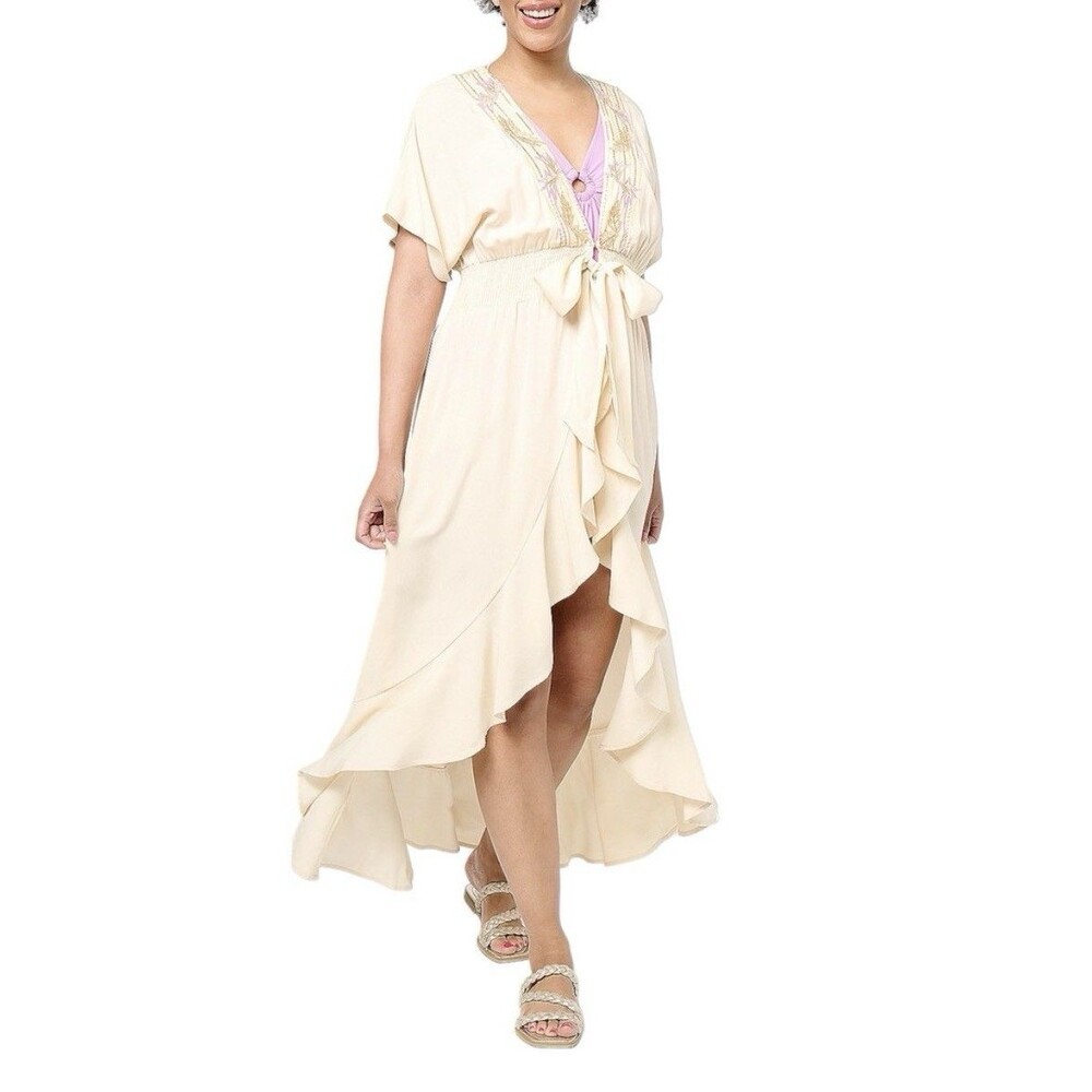 America & Beyond Embroidered Tie Waist Caftan - Size XL Cream Multicolor